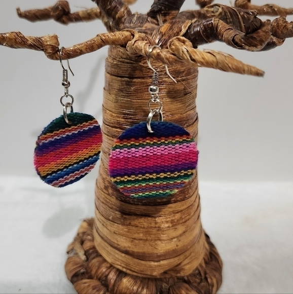 Rainbow Pride Fabric Round Circle Drop Dangle Silver Fish Hook Earrings - Picture 4 of 8